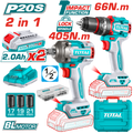 COMBO INALAMBRICO TALADRO 1/2" 66 N.M + PISTOLA IMPACTO 1/2" 20V 405 N.M  INCLUYE 2 BATERIAS 2.0AH , 1 CARGADOR Y ACCESORIOS SUPER TOTAL (UTCKLI20286)