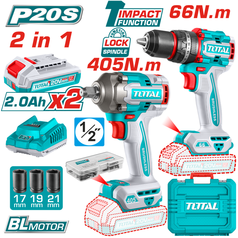 COMBO INALAMBRICO TALADRO 1/2" 66 N.M + PISTOLA IMPACTO 1/2" 20V 405 N.M  INCLUYE 2 BATERIAS 2.0AH , 1 CARGADOR Y ACCESORIOS SUPER TOTAL (UTCKLI20286)