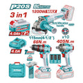 COMBO INALAMBRICO 20V PISTOLA IMPACTO INALAMBRICA 1/2" 405NM +  TALADRO DE IMPACTO 1/2" 66NM + PULIDORA  4 1/2" 1200W  + 2 BATERIAS 4.0AH + CARGADOR INCLUYE ACCESORIOS INDUSTRIAL SUPER TOTAL (UTCKLI20358)