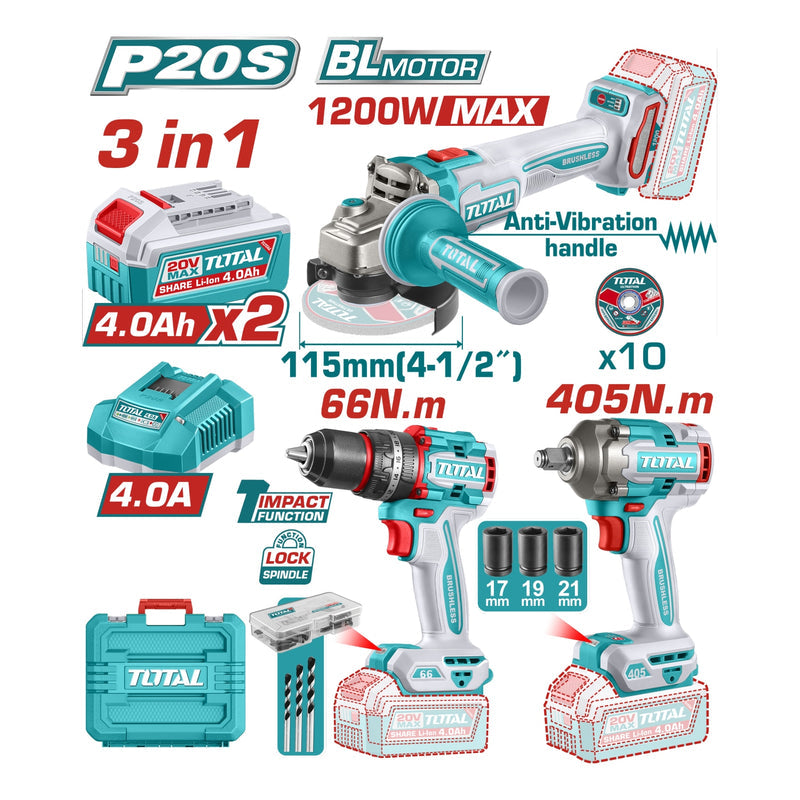 COMBO INALAMBRICO 20V PISTOLA IMPACTO INALAMBRICA 1/2" 405NM +  TALADRO DE IMPACTO 1/2" 66NM + PULIDORA  4 1/2" 1200W  + 2 BATERIAS 4.0AH + CARGADOR INCLUYE ACCESORIOS INDUSTRIAL SUPER TOTAL (UTCKLI20358)