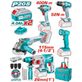 COMBO INALAMBRICO 20V TALADRO 3/8"  52NM + PISTOLA DE IMPACTO 1/2" 400NM + TALADRO ROTOMARTILLO 2,5 JULES +  PULIDORA 4 1/2" + LINTERNA  INCLUYE 2 BATERIA 20V(4.0AH) INCLUYE 25 DISCOS DE CORTE Y ACCESORIOS INDUSTRIAL SUPER TOTAL (UTCKLI2058)