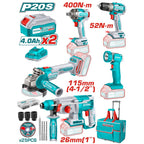 COMBO INALAMBRICO 20V TALADRO 3/8"  52NM + PISTOLA DE IMPACTO 1/2" 400NM + TALADRO ROTOMARTILLO 2,5 JULES +  PULIDORA 4 1/2" + LINTERNA  INCLUYE 2 BATERIA 20V(4.0AH) INCLUYE 25 DISCOS DE CORTE Y ACCESORIOS INDUSTRIAL SUPER TOTAL (UTCKLI2058)