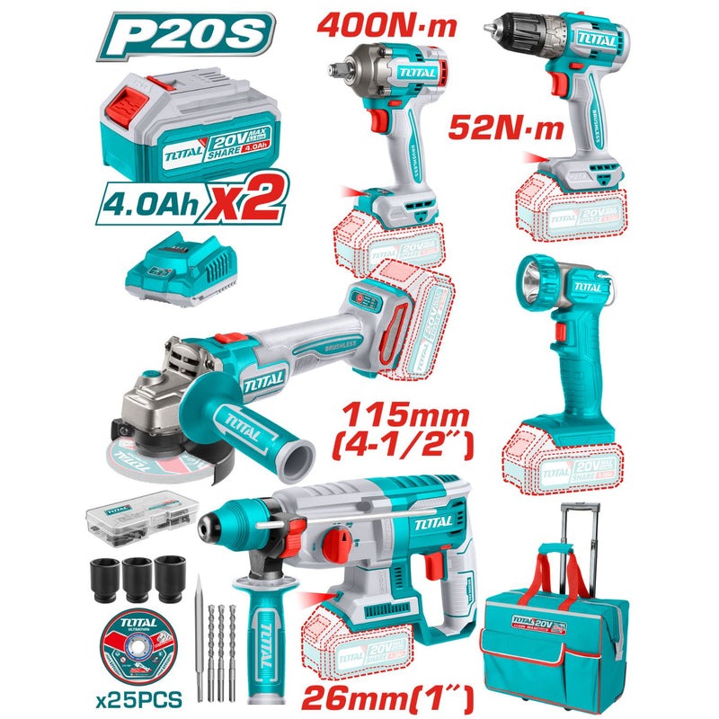 COMBO INALAMBRICO 20V TALADRO 3/8"  52NM + PISTOLA DE IMPACTO 1/2" 400NM + TALADRO ROTOMARTILLO 2,5 JULES +  PULIDORA 4 1/2" + LINTERNA  INCLUYE 2 BATERIA 20V(4.0AH) INCLUYE 25 DISCOS DE CORTE Y ACCESORIOS INDUSTRIAL SUPER TOTAL (UTCKLI2058)