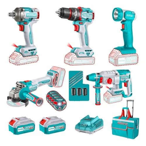 COMBO 20V TALADRO PERCUTOR 1/2 66NM + IMPACTO 1/2 400NM + ROTOMARTILLO 1" SDS PLUS 2.5J + PULIDORA 4 1/2 + LÁMPARA 270LM. INCLUYE 2 BATERÍAS 4.0AH, CARGADOR Y ACCESORIOS