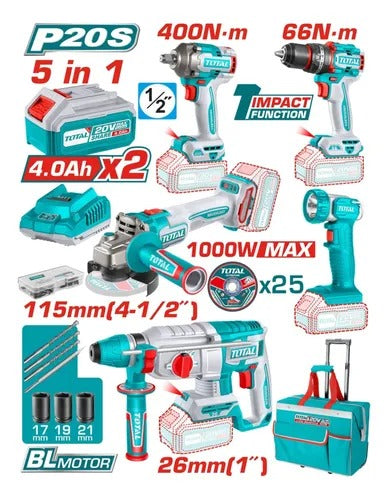 COMBO 20V TALADRO PERCUTOR 1/2 66NM + IMPACTO 1/2 400NM + ROTOMARTILLO 1" SDS PLUS 2.5J + PULIDORA 4 1/2 + LÁMPARA 270LM. INCLUYE 2 BATERÍAS 4.0AH, CARGADOR Y ACCESORIOS