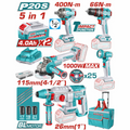 COMBO 20V TALADRO PERCUTOR 1/2 66NM + IMPACTO 1/2 400NM + ROTOMARTILLO 1" SDS PLUS 2.5J + PULIDORA 4 1/2 + LÁMPARA 270LM. INCLUYE 2 BATERÍAS 4.0AH, CARGADOR Y ACCESORIOS