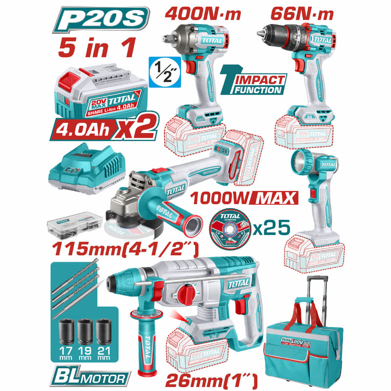 COMBO 20V TALADRO PERCUTOR 1/2 66NM + IMPACTO 1/2 400NM + ROTOMARTILLO 1" SDS PLUS 2.5J + PULIDORA 4 1/2 + LÁMPARA 270LM. INCLUYE 2 BATERÍAS 4.0AH, CARGADOR Y ACCESORIOS