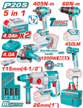 COMBO 20V TALADRO ROTOMARTILLO 1"  SDS PLUS 2,5 JULES + PISTOLA IMPACTO INALAMBRICA 1/2" 405NM +  TALADRO DE IMPACTO 1/2" 66NM + PULIDORA  4 1/2" 1200W  + LINTERNA INALAMBRICA 450 LUMENES  + 2 BATERIAS 4.0AH + CARGADOR INCLUYE ACCESORIOS (UTCKLI20595)