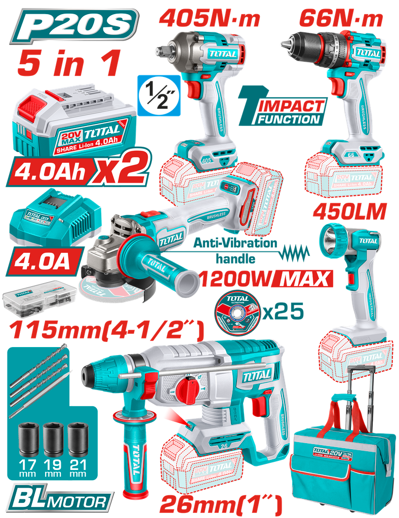 COMBO 20V TALADRO ROTOMARTILLO 1"  SDS PLUS 2,5 JULES + PISTOLA IMPACTO INALAMBRICA 1/2" 405NM +  TALADRO DE IMPACTO 1/2" 66NM + PULIDORA  4 1/2" 1200W  + LINTERNA INALAMBRICA 450 LUMENES  + 2 BATERIAS 4.0AH + CARGADOR INCLUYE ACCESORIOS (UTCKLI20595)