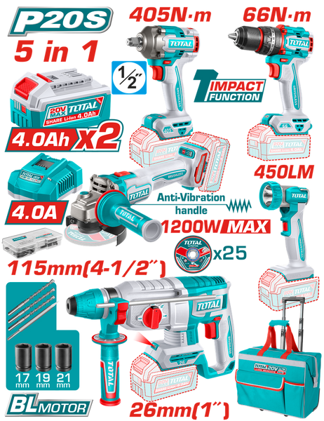 COMBO 20V TALADRO ROTOMARTILLO 1" SDS PLUS 2,5 JULES + PISTOLA IMPACTO — Herramientas Total Colombia