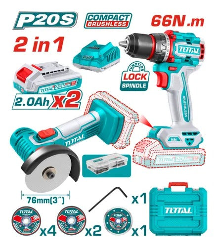 COMBO 20V, TALADRO 1/2  66 N.M + MINI PULIDORA 3" INCLUYE 2 BATERIAS  2.0 AH + CARGADOR  + 7 DISCOS Y 47 ACCESORIOS/ INDUSTRIAL TOTAL)