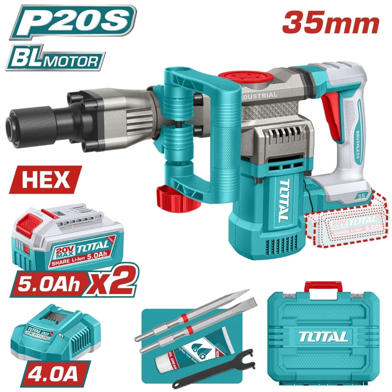 DEMOLEDOR SDS HEX INALAMBRICO 20V 16J INCLYE  2 BATERIAS 5.0AH, 1 CARGADOR  Y ACCESORIOS INDUSTRIAL SUPER TOTAL (UTDBLI203582)