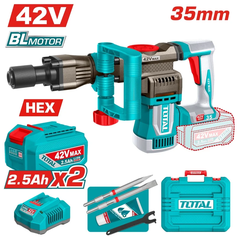 DEMOLEDOR SDS HEX INALAMBRICO 42V 18J INCLYE  2 BATERIAS 2.5AH, 1 CARGADOR  Y ACCESORIOS INDUSTRIAL SUPER TOTAL (UTDBLI423582)