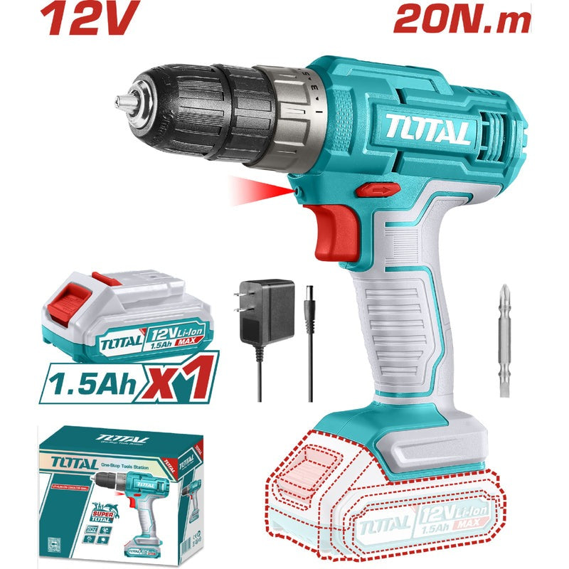 TALADRO INALAMBRICO 1/32-3/8 12V 20 N.M INCLUYE 1 BATERIA DE 1.5AH SUPER TOTAL