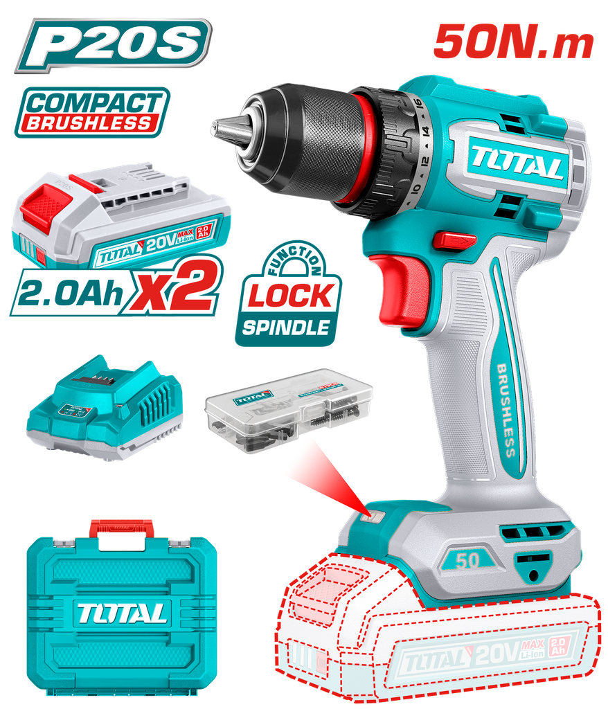 TALADRO INALAMBRICO 1/2" 50 NM 20V CAJA PLASTICA INCLUYE 2 BATERIA 2.0AH, 1 CARGADOR Y ACCESORIOS INDUSTRIAL SUPER TOTAL (UTDLI205062)