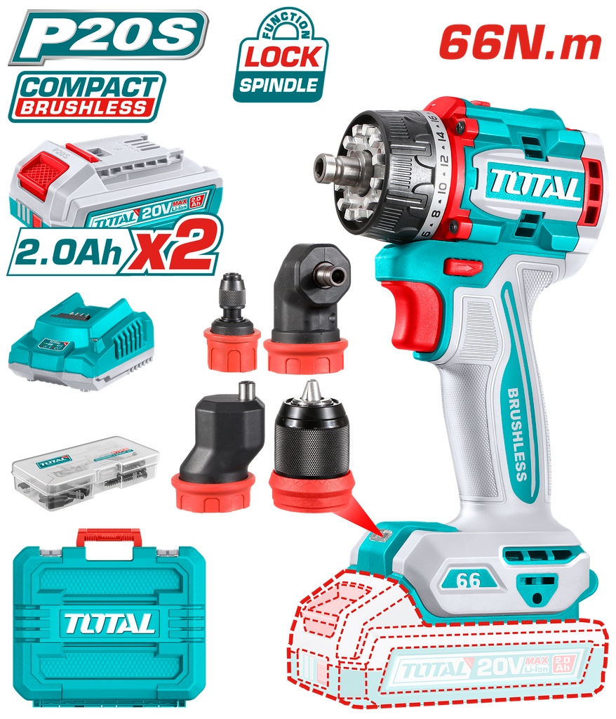 TALADRO ATORNILLADOR MULTICABEZAL 20V 66NM INCLUYE 2 BATERIAS 2.0AH, CARGADOR Y ACCESORIOS INDUSTRIAL SUPER TOTAL (UTDLI206686)