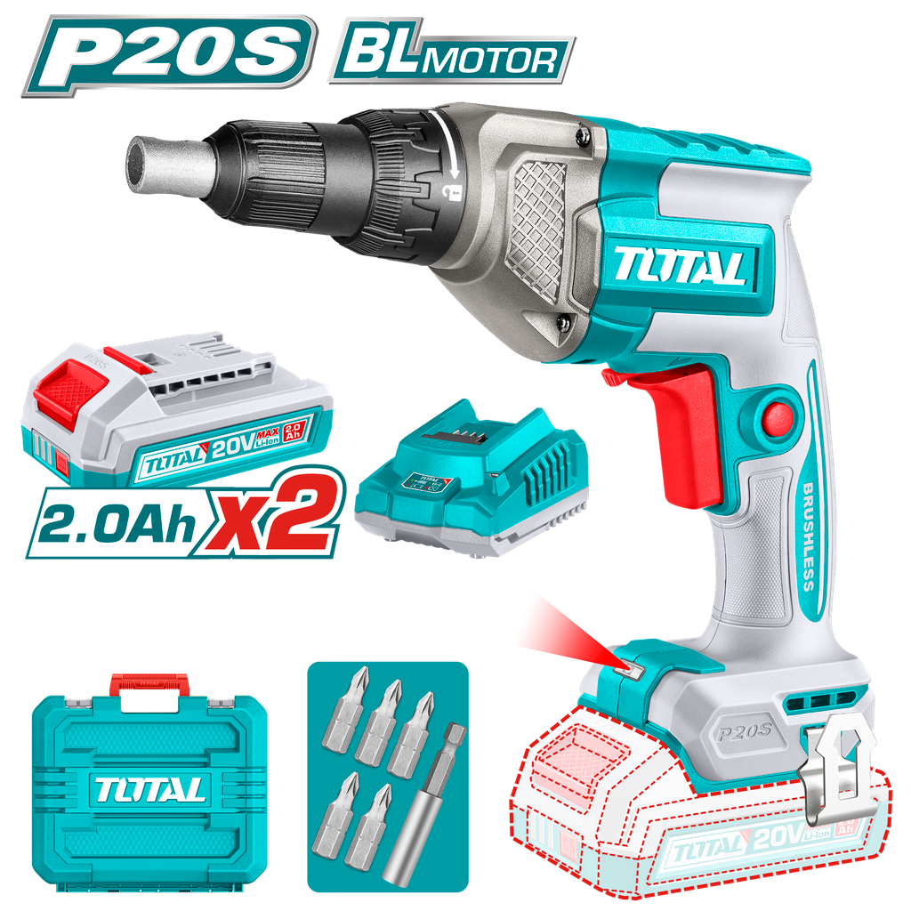ATORNILLADOR DRYWALL 1/4" 20V INCLUYE 2 BATERIAS 2.0AH ,CARGADOR Y ACCESORIOS INDUSTRIAL TOTAL (UTDSLI204282)