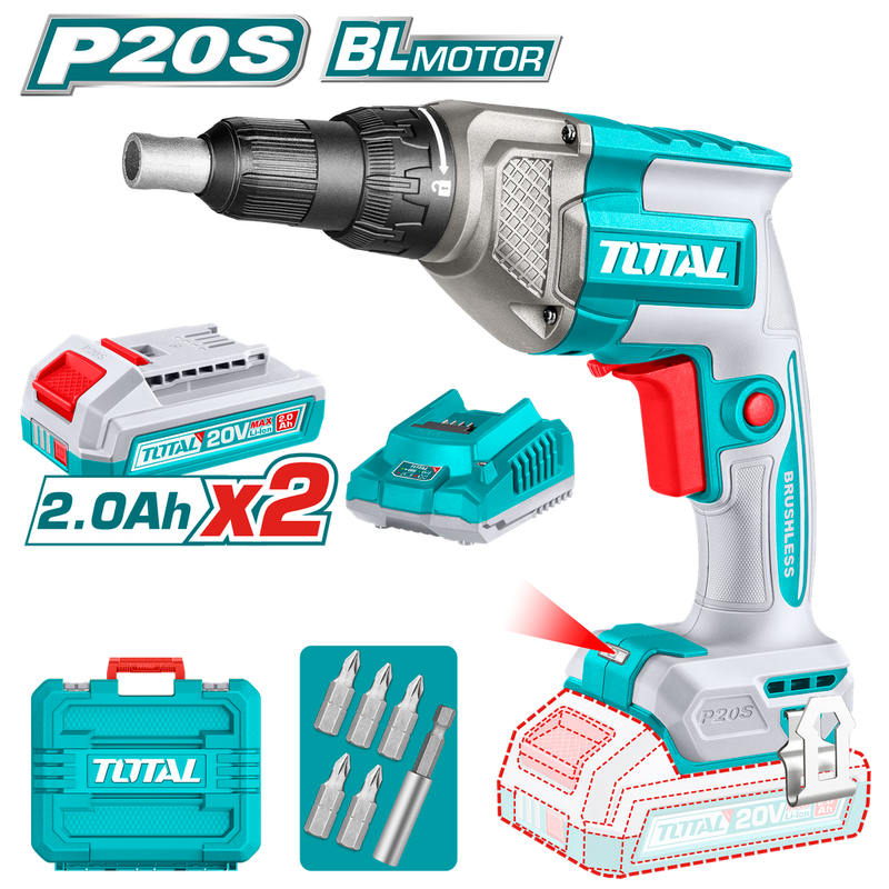 ATORNILLADOR DRYWALL 1/4" 20V INCLUYE 2 BATERIAS 2.0AH ,CARGADOR Y ACCESORIOS INDUSTRIAL TOTAL (UTDSLI204282)
