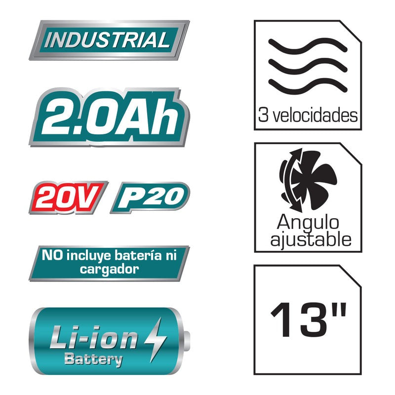 VENTILADOR INALAMBRICO-ELECTRICO 3 VELOCIDADES INDUSTRIAL BATERIA Y CARGADOR NO INCLUIDO TOTAL