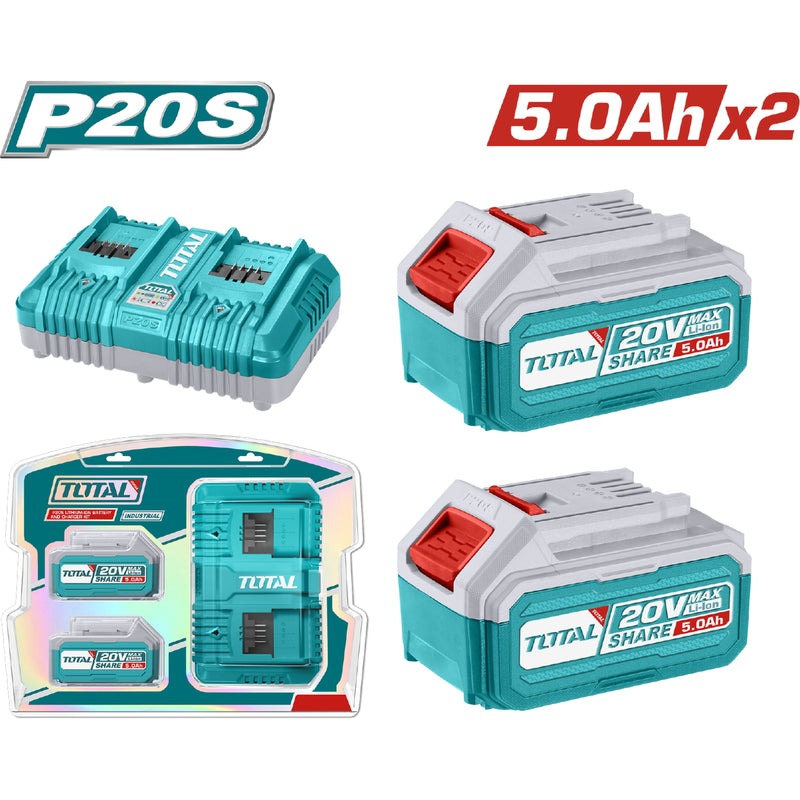 KIT DE 2 BATERIAS 5.0AH + CARGADOR DE 20V INDUSTRIAL TOTAL
