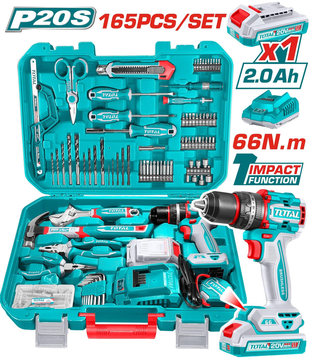 TALADRO INALAMBRICO 1/2 20V 66NM + BATERIA 20V + KIT DE HERRAMIENTAS 165 PZS TOTAL (UTHKTHP11652)