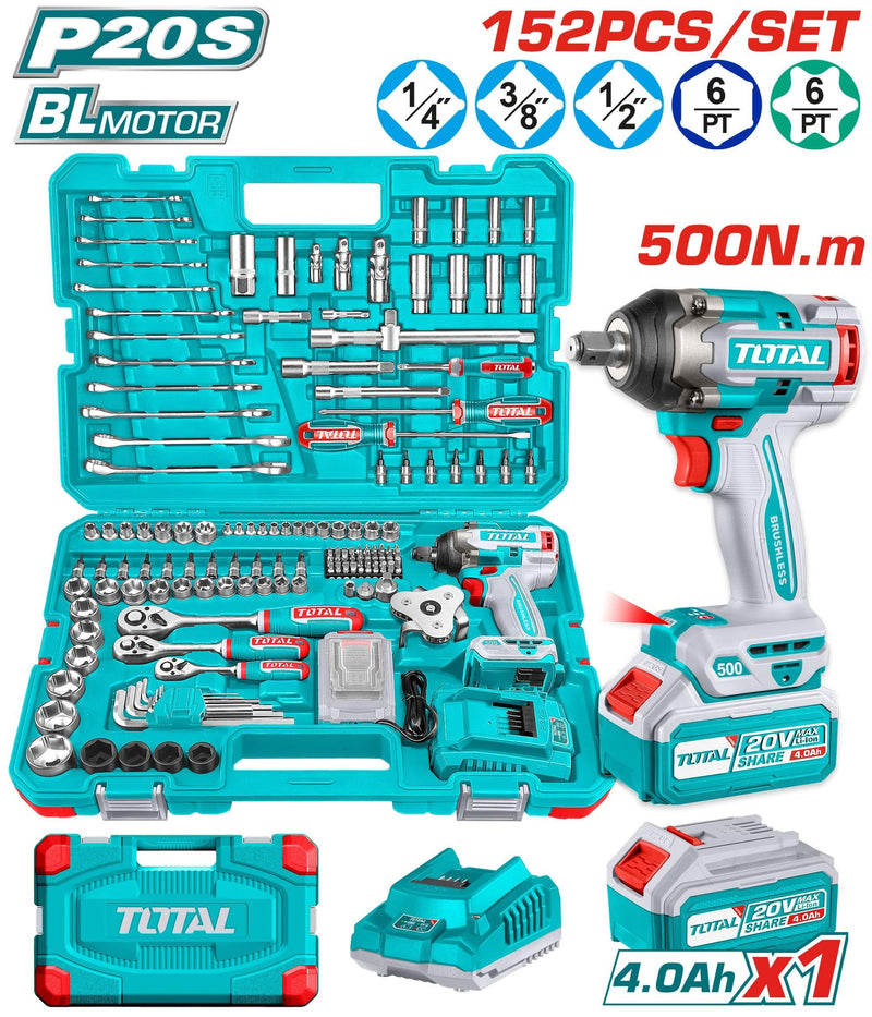 LLAVE DE IMPACTO 1/2" 20V 500 N.M + 152 ACCESORIOS INDUSTRIAL SUPER TOTAL