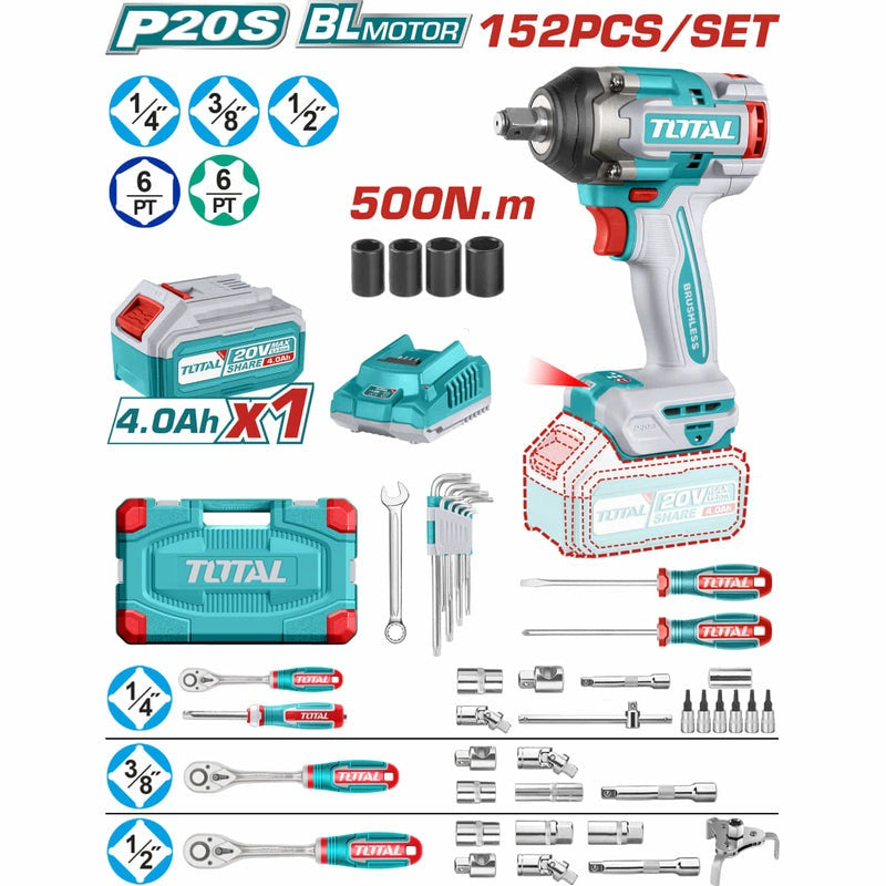 LLAVE DE IMPACTO 1/2" 20V 500 N.M + 152 ACCESORIOS INDUSTRIAL SUPER TOTAL
