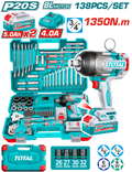 PISTOLA IMPACTO INALAMBRICA 3/4 20V 1350 NM INCLUYE 2 BATERIAS 1 CARGADOR + 132 ACCESORIOS INSDUSTRIAL SUPER TOTAL (UTHKTHP41383)