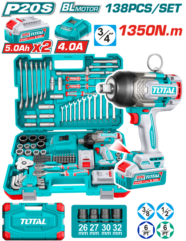 PISTOLA IMPACTO INALAMBRICA 3/4 20V 1350 NM INCLUYE 2 BATERIAS 1 CARGADOR + 132 ACCESORIOS INSDUSTRIAL SUPER TOTAL (UTHKTHP41383)