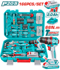 TALADRO PERCUTOR  INALAMBRICO 1/2" 20V 66NM + 1  BATERIA 2.0AH  + CARGADOR + 166 HERRAMIENTAS INDUSTRIAL SUPER TOTAL (UTHKTHP41667)