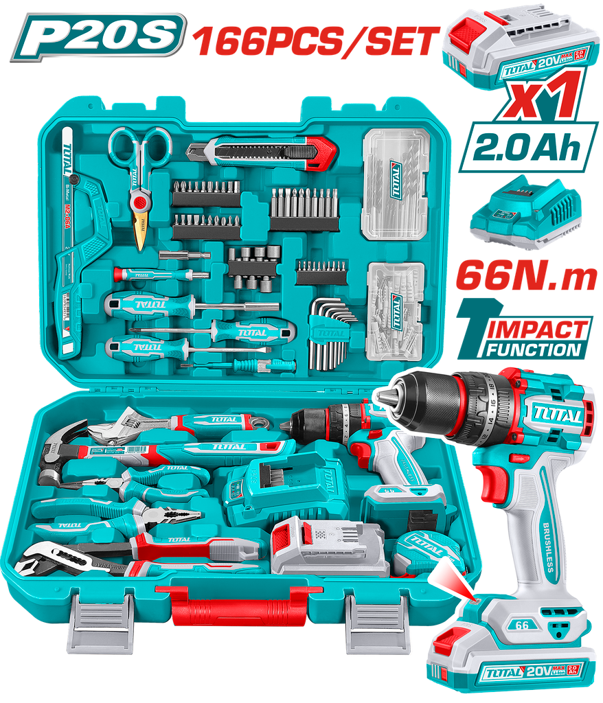 TALADRO PERCUTOR  INALAMBRICO 1/2" 20V 66NM + 1  BATERIA 2.0AH  + CARGADOR + 166 HERRAMIENTAS INDUSTRIAL SUPER TOTAL (UTHKTHP41667)