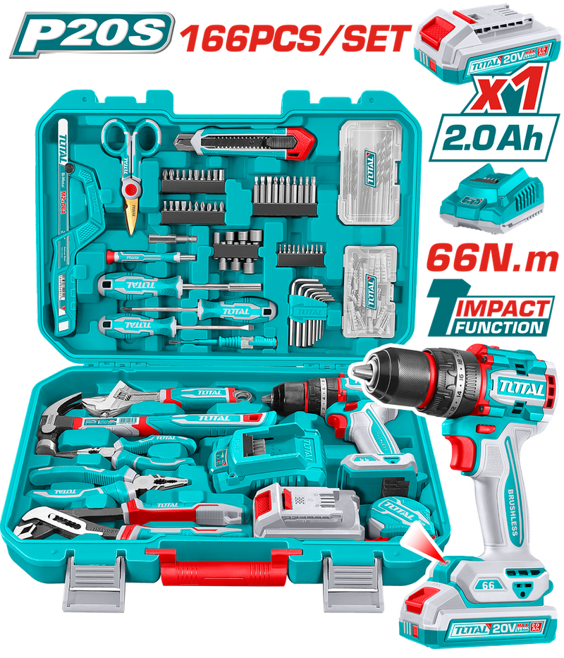 TALADRO PERCUTOR  INALAMBRICO 1/2" 20V 66NM + 1  BATERIA 2.0AH  + CARGADOR + 163 HERRAMIENTAS INDUSTRIAL SUPER TOTAL (UTHKTHP41667)