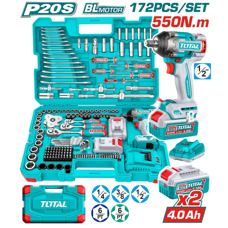 PISTOLA IMPACTO INALAMBRICA 1/2 20V 550 NM INCLUYE 2 BATERIAS 1 CARGADOR + 172 ACCESORIOS INSDUSTRIAL SUPER TOTAL (UTHKTHP41728)