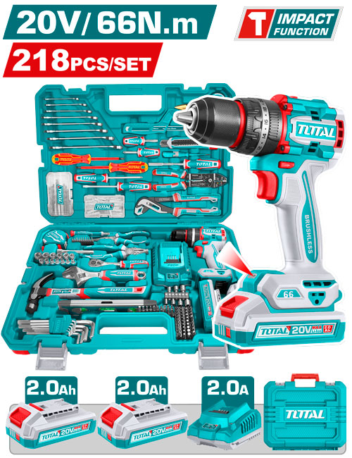 TALADRO PERCUTOR  INALAMBRICO 1/2" 20V 66NM + 2  BATERIA 2.0AH  + CARGADOR + 214 HERRAMIENTAS INDUSTRIAL  TOTAL (UTHKTHP42187)