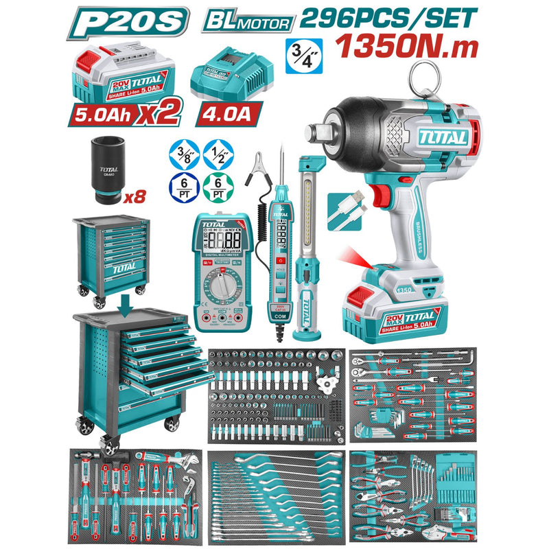 PISTOLA IMPACTO INALAMBRICA 3/4" 1350 NM + 2 BATERIAS 5.0AH + CARGADOR + CAJA DE HERRAMIENTAS CON 392 ACCESORIOS INDUSTRIAL TOTAL (UTHPTCS82962)