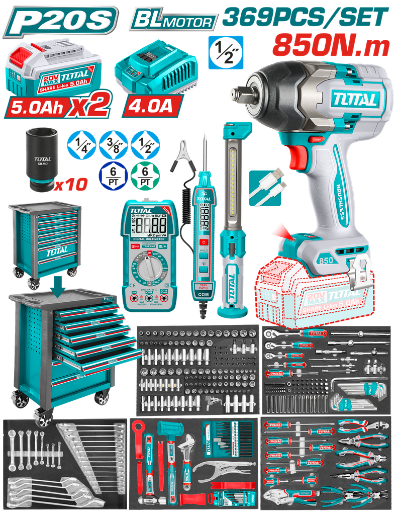 PISTOLA IMPACTO INALAMBRICA 1/2" 850 NM + 2 BATERIAS 5.0AH + CARGADOR + CAJA DE HERRAMIENTAS CON 369 ACCESORIOS INDUSTRIAL SUPER TOTAL