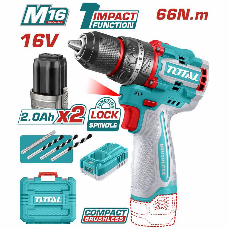 TALADRO INALAMBRICO PERCUTOR 1/2 16V 66NM INCLUYE 2 BATERIAS 2,0AH, CARGADOR Y ACCESORIOS INDUSTRIAL SUPER TOTAL (UTIDLI166062)