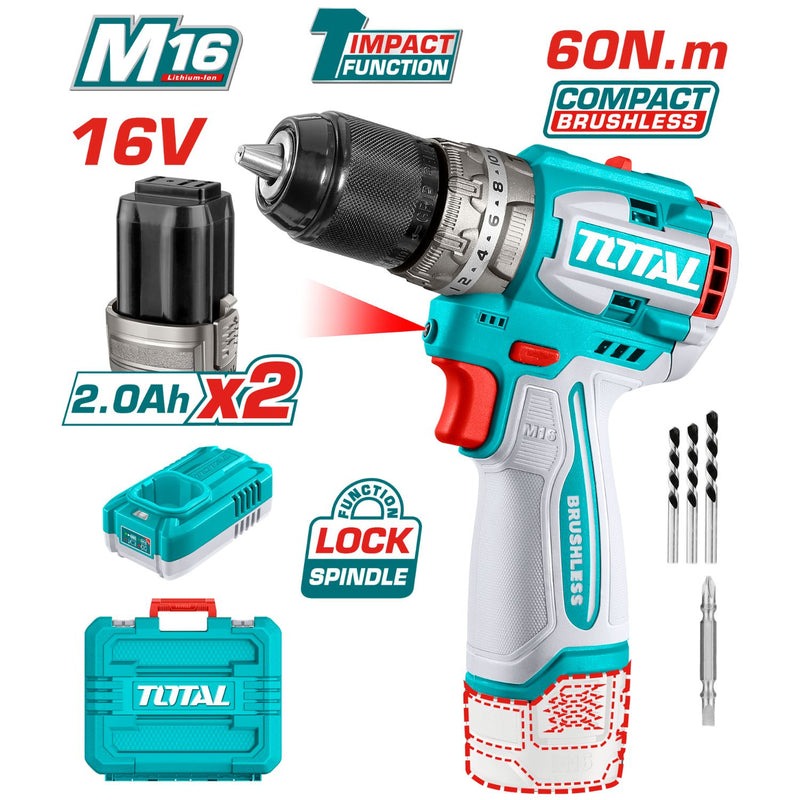 TALADRO INALAMBRICO PERCUTOR 1/2" 16V 60NM + 2 BAT. 2.0AH Y CARGADOR