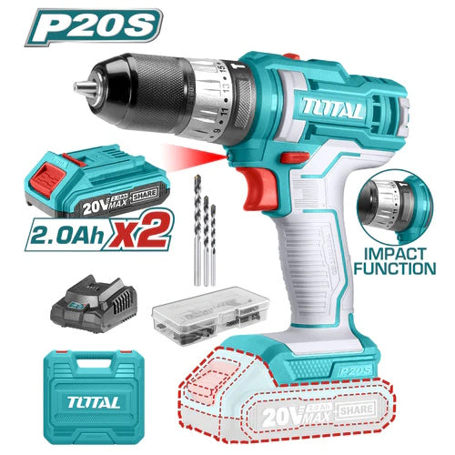 TALADRO 20V 1/32/3/8" 2 BATERIA 2.0Ah, 1CARGADOR Y 50 ACCESORIOS CAJA PLASTICA INDUSTRIAL TOTAL