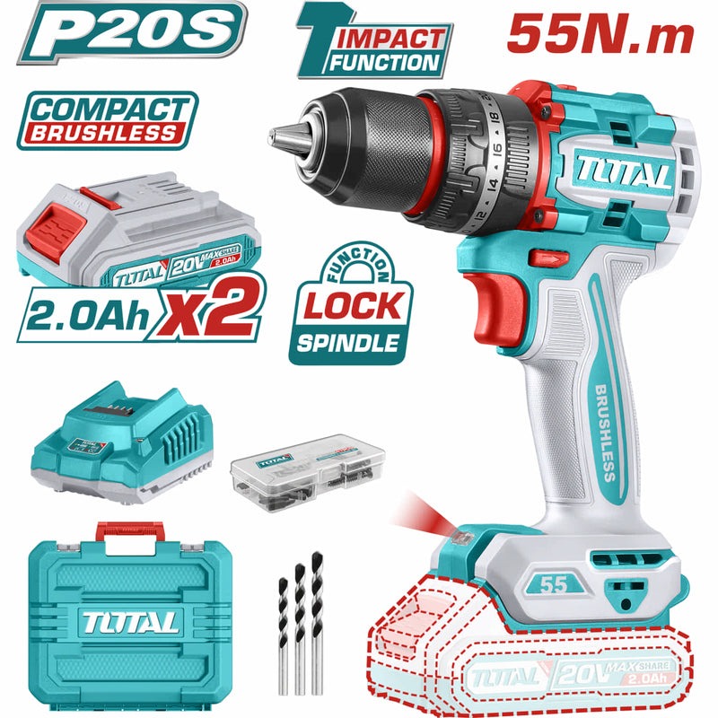 TALADRO PERCUTOR INALAMBRICO 1/2" 20V 55NM 2 BATERIAS 2.0AH CARGADOR ACCESORIOS 3 BROCAS CONCRETO