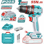 TALADRO PERCUTOR INALAMBRICO 1/2" 20V 55NM 2 BATERIAS 2.0AH CARGADOR ACCESORIOS 3 BROCAS CONCRETO