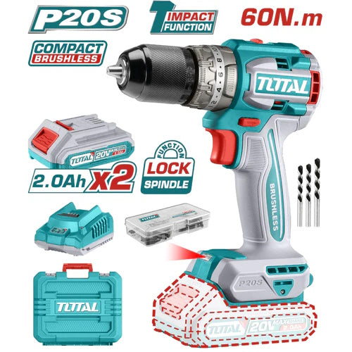 TALADRO 20V (1/2") 2 BAT 2.0AH + CARGADOR +47 PZS + 3 BROCAS MURO/PERCUTOR (TOTAL)