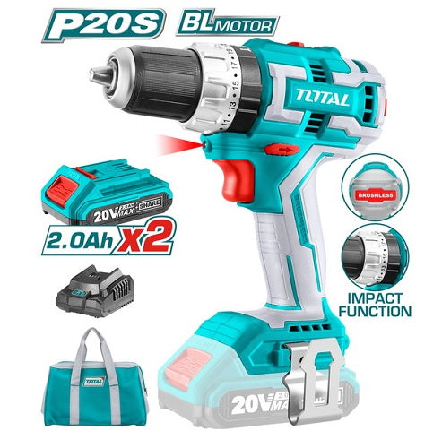 TALADRO 20V (1/2") + 2 BATERIA 2,0AH PERCUTOR / SIN ESCOBILLAS  (TOTAL)