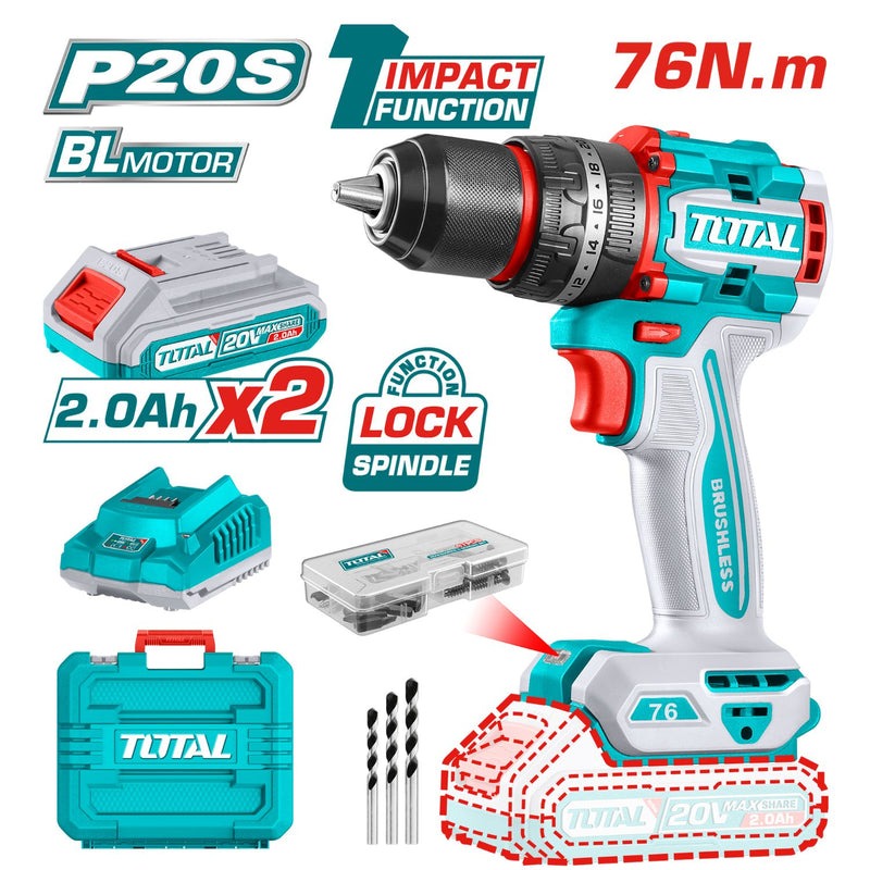 TALADRO 20V PERCUTOR 1/2"  76 N.M + 2 BATERIA DE 2.0AH + CARGADOR +  ACCESORIOS, INDUSTRIAL SUPER TOTAL