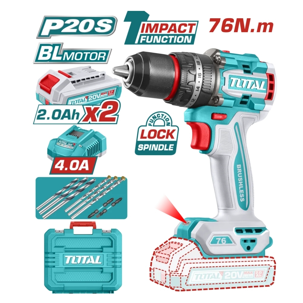 TALADRO INALAMBRICO  PERCUTOR 1/2 20V 76 N.M INCLUYE 2 BATERIA DE 2.0AH, CARGADOR  Y ACCESORIOSINDUSTRIAL SUPER TOTAL (UTIDLI207686)