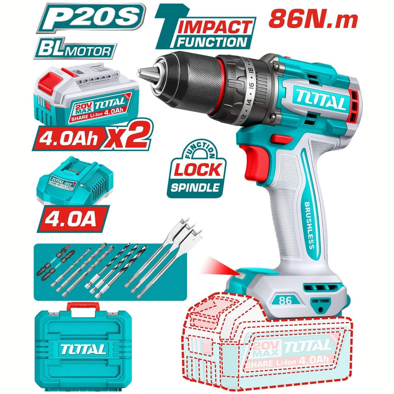 TALADRO INALAMBRICO PERCUTOR 1/2" 86 NM 20V CAJA PLASTICA INCLUYE 2  BATERIA 4.0AH, 1 CARGADOR Y ACCESORIOS INDUSTRIAL SUPER TOTAL (UTIDLI208682)