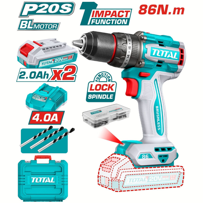 TALADRO INALAMBRICO PERCUTOR 1/2" 86 NM 20V CAJA PLASTICA INCLUYE 2  BATERIA 2.0AH, 1 CARGADOR Y ACCESORIOS INDUSTRIAL SUPER TOTAL (UTIDLI208687)