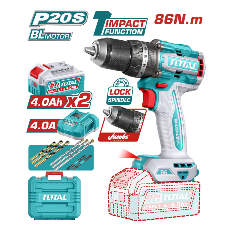 TALADRO INALAMBRICO PERCUTOR 1/2" 86NM 20V CAJA PLASTICA INCLUYE 2  BATERIA 4.0AH, 1 CARGADOR Y ACCESORIOS INDUSTRIAL SUPER TOTAL (UTIDLI208689)
