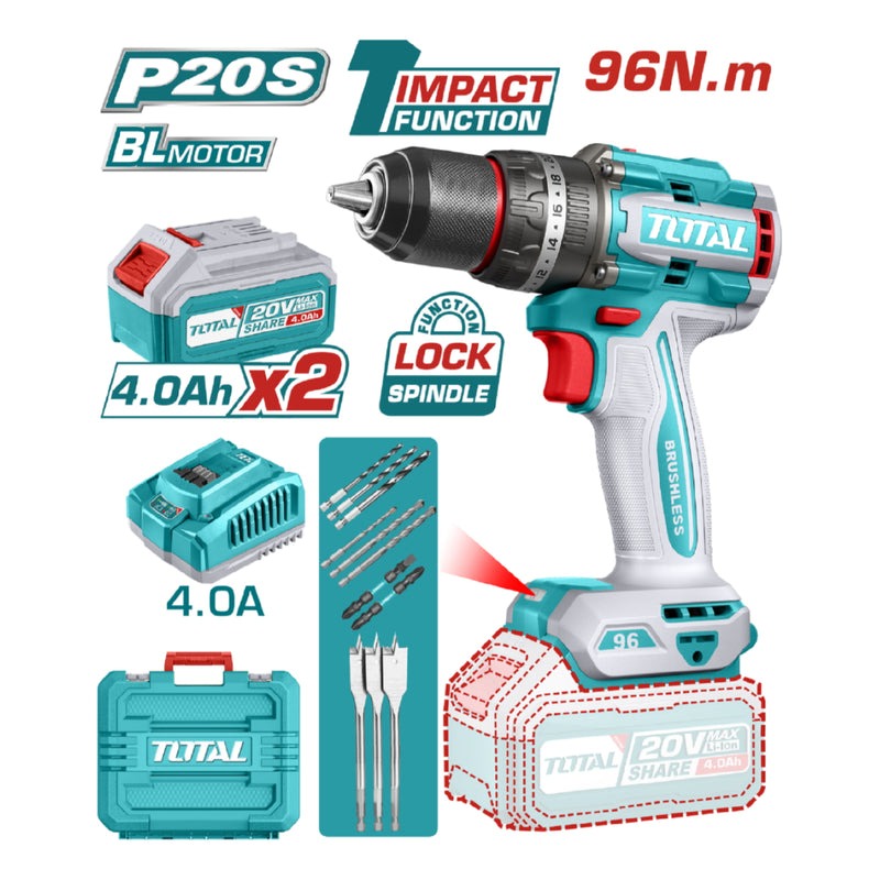 TALADRO INALAMBRICO PERCUTOR 1/2&quot; 96N.M 20V  INCLUYE 2 BATERIAS 20V (4.0 AH), 1 CARGADOR Y ACCESORIOS INDUSTRIAL SUPER TOTAL