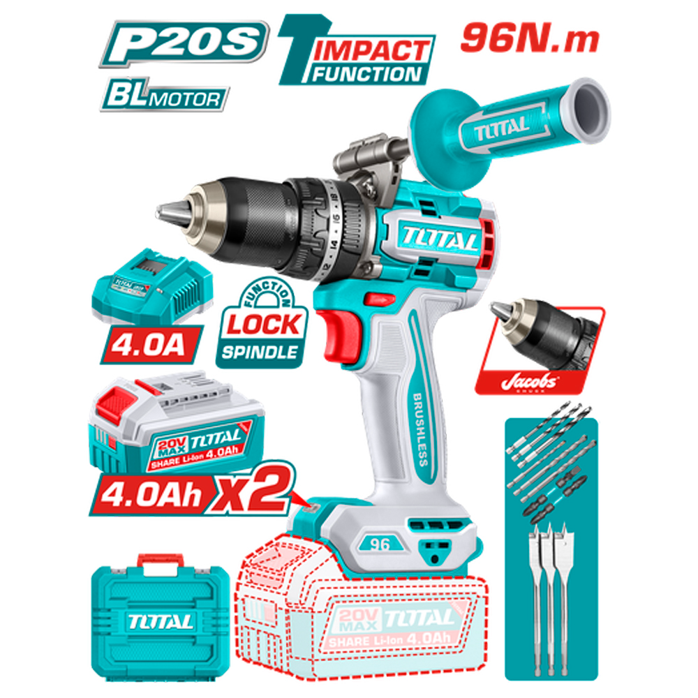 TALADRO INALAMBRICO PERCUTOR 1/2 20V 96 N.M INCLUYE 2 BATERIA DE 4.0AH, CARGADOR, INCLUYE ACCESORIOS INDUSTRIAL SUPER TOTAL (UTIDLI209686)